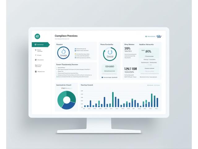 Interface de dashboard digital com gráficos de barras, gráficos de pizza e indicadores de KPI, mostrando dados de conformidade em tempo real. Design limpo e profissional, com barras de progresso e alertas. Ideal para auditoria social.