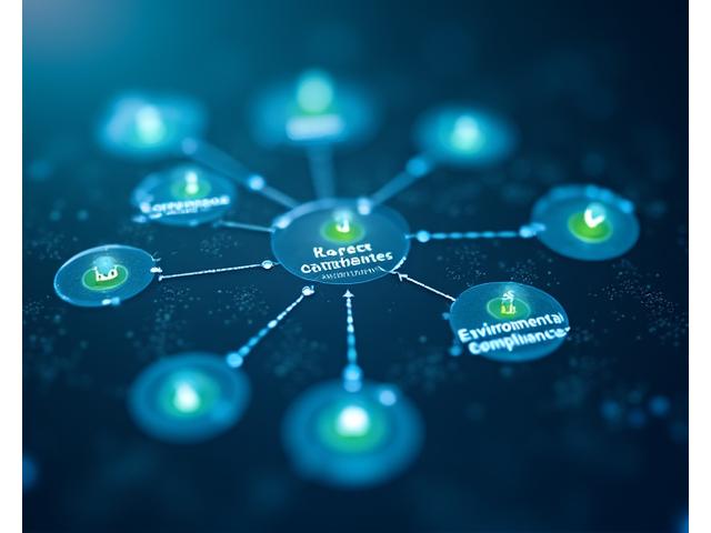 Diagrama interativo de um framework de conformidade, com setas conectando diferentes áreas regulatórias, exibindo filtros e ícones de conformidade. Ideal para gestão e auditoria social.