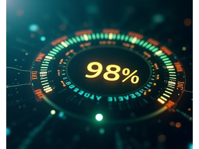 Gráfico de medidor de compliance indicando 98% de conformidade, com luzes verdes e azuis, simbolizando segurança e transparência em auditoria social.