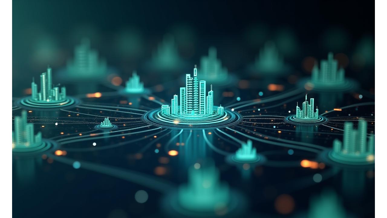 Interface de marketplace online mostrando gráficos financeiros, ícones de projetos ambientais urbanos e perfis de compradores, com setas conectando oferta e demanda de créditos de carbono.