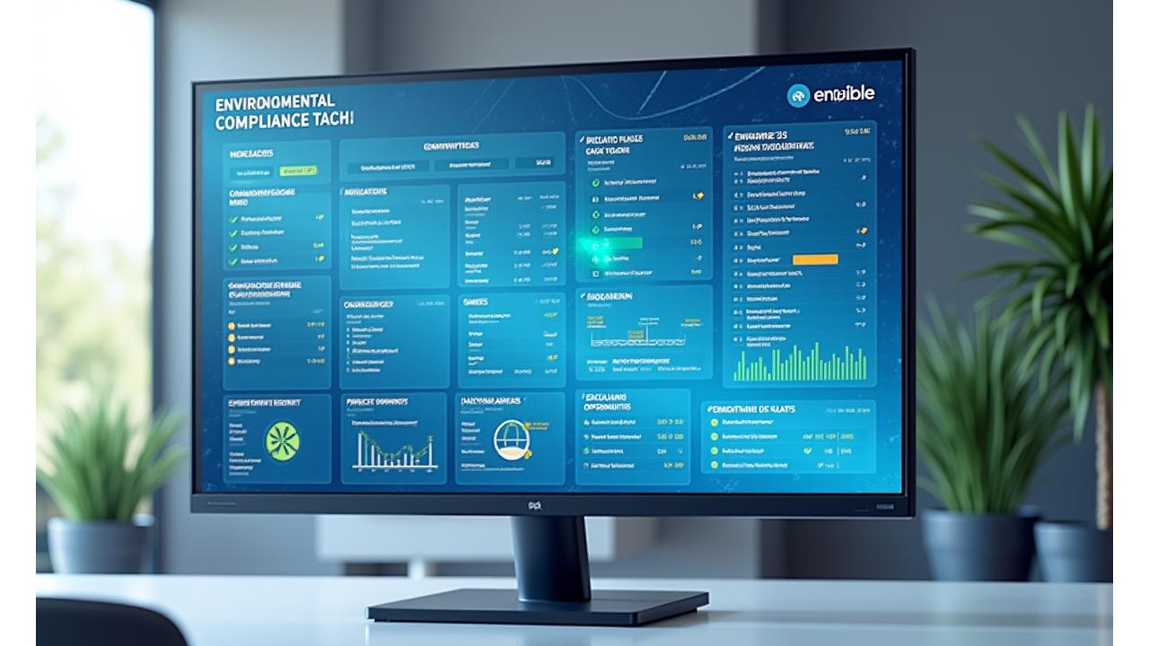 Painel digital exibindo um checklist de conformidade ambiental, gráficos de tendências regulatórias e alertas de novas leis e prazos para fundos ambientais brasileiros.