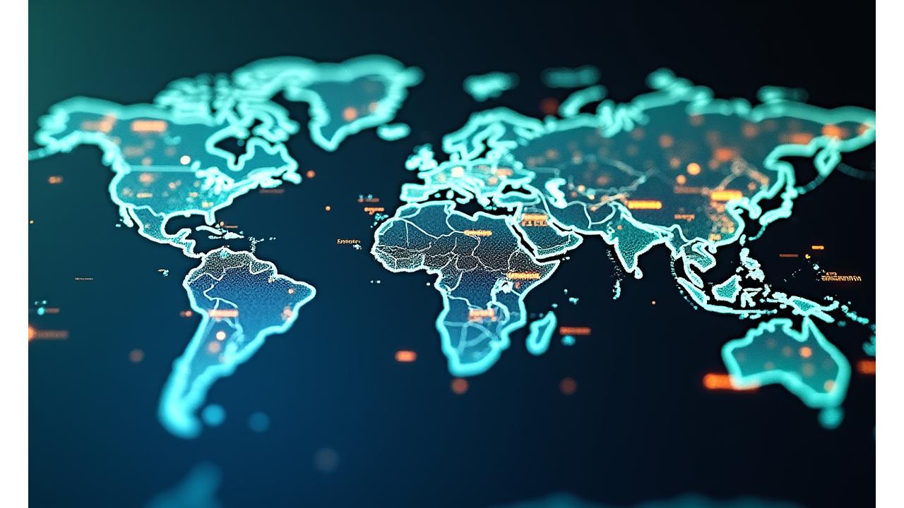 Mapa interativo de fundos ambientais globais com pontos de luz indicando oportunidades de financiamento verde e cidades sustentáveis.