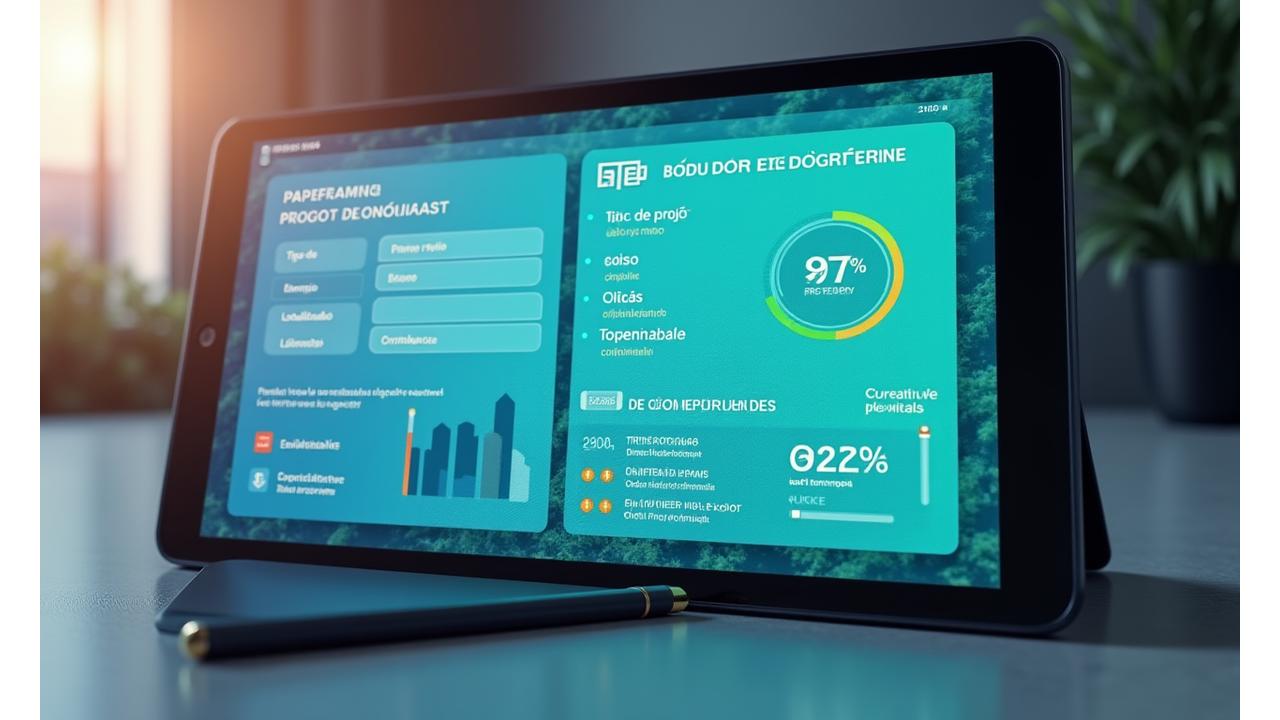 Interface de software com campos de entrada para detalhes do projeto ambiental e um dashboard exibindo resultados de correspondência com fundos, barras de progresso e um gráfico de probabilidade de aprovação.