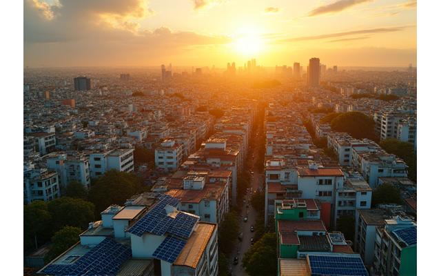 Painéis solares instalados em telhados de edifícios urbanos, com o nascer do sol e uma cidade ao fundo, simbolizando energia limpa.