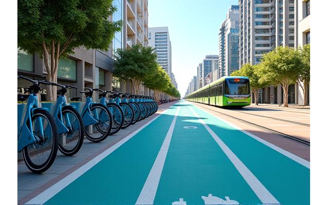 Ciclovia moderna em uma cidade vibrante, com estações de bicicletas elétricas e transportes públicos verdes ao fundo.