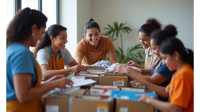 Grupo de voluntários organizando doações com um sorriso