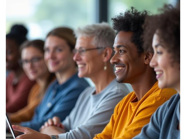 Um grupo diverso de pessoas em uma reunião colaborativa, com balões de fala e ícones de ideias flutuando, representando engajamento e satisfação em projetos inclusivos.