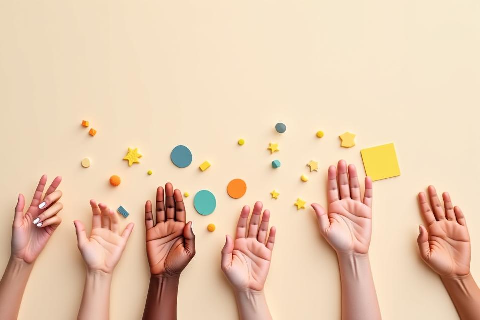 Representação visual de diversas ferramentas e ícones de acessibilidade (linguagem de sinais, braile, cadeiras de rodas, diversidade étnica), agrupados para formar uma imagem coesa de inclusão.