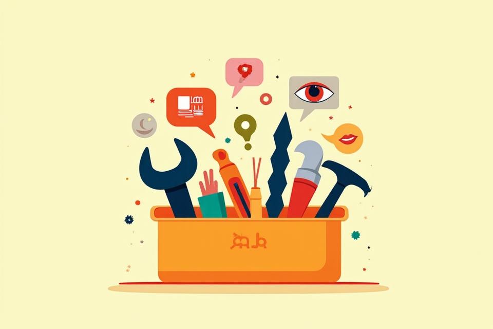 Uma coleção de ferramentas de design representadas por ícones como régua, compasso, símbolos de acessibilidade e um olho, tudo dentro de uma caixa de ferramentas digital, simbolizando um toolkit de design universal.