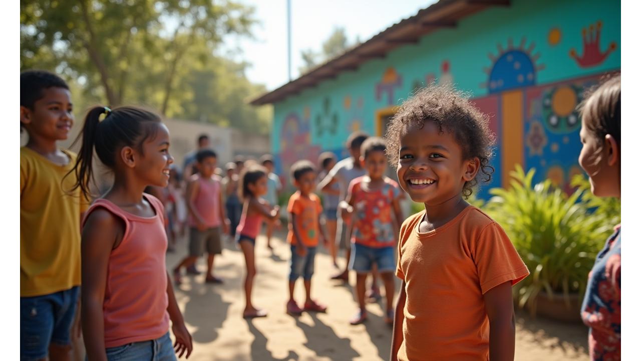Comunidade vibrante e diversas interagindo sob a luz do sol, crianças brincando e adultos conversando, simbolizando o desenvolvimento social e a união.