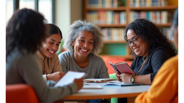 Crianças felizes e engajadas lendo livros em um ambiente de biblioteca colorida e aconchegante, representando o impacto do projeto de alfabetização de adultos.