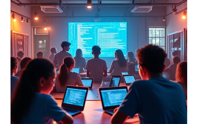 Jovens e adolescentes usando computadores e tablets em um centro de inclusão digital em uma favela, com um instrutor orientando e um mapa de conectividade no fundo ilustrando o alcance do projeto.