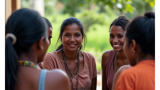 Mulheres e homens de uma comunidade quilombola reunidos em círculo, com semblantes de esperança e empoderamento, discutindo pautas sob orientação de um consultor, representando a luta e o apoio à justiça social.