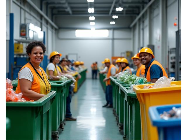 Membros de uma cooperativa de reciclagem sorrindo e classificando materiais recicláveis em um galpão limpo e organizado, com equipamentos modernos ao fundo, simbolizando a expansão da operação.