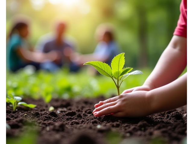 Mão de criança plantando uma muda de árvore em parque urbano, simbolizando projetos ambientais educacionais e a renovação de espaços verdes em São Paulo.