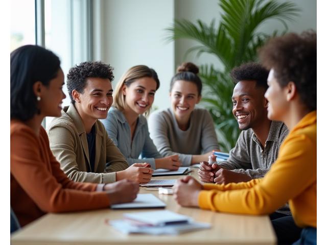Grupo diversificado de adultos de diferentes etnias, idades e habilidades trabalhando juntos em um ambiente colaborativo e inclusivo, todos sorrindo e engajados, representando a diversidade e a inclusão social.