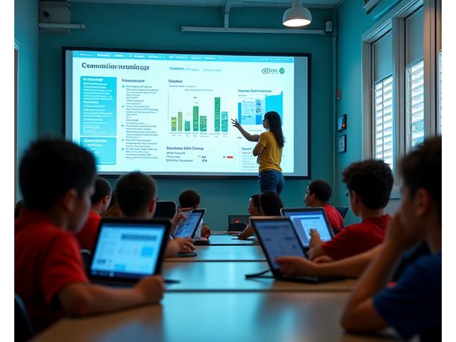 Crianças e jovens em uma sala de aula interativa usando tablets e laptops, com um professor auxiliando-os na frente de uma projeção de gráfico de dados, ilustrando o uso da tecnologia para desenvolvimento social.