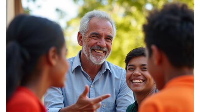 Thumbnail de vídeo: Líder comunitário animado em reunião com grupo de jovens