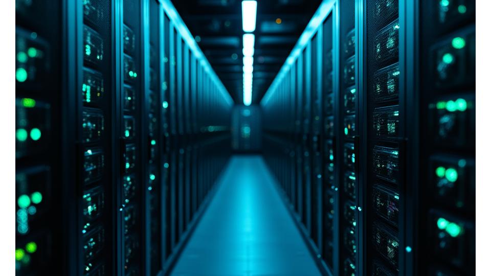 Cena de um datacenter moderno e seguro com luzes azuis e verdes, simbolizando a segurança da informação