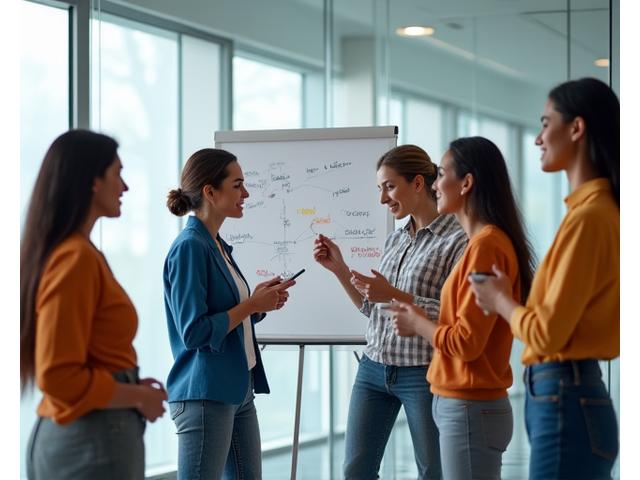 Equipe da Quistify Prospera colaborando ativamente em um escritório moderno, com pessoas interagindo em grupos pequenos, usando quadros brancos e laptops, em um ambiente convidativo com luz natural e toques das cores da marca (azul e laranja), transmitindo dinamismo e trabalho em equipe.