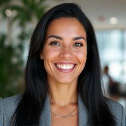 Patricia Silva, gerente de projetos na Quistify Prospera, em um retrato profissional, sorrindo gentilmente e com óculos, sentada em um ambiente de escritório colaborativo, transmitindo foco e receptividade