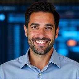 Ricardo Almeida, co-fundador da Quistify Prospera, em um close-up informal, com um leve sorriso e olhar confiante, vestindo uma camisa social azul e com um fundo sutilmente desfocado de uma sala de conferências