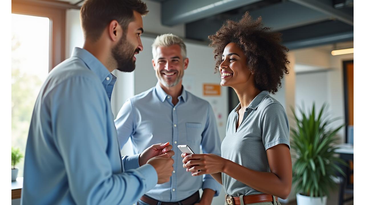 Dois fundadores da Quistify Prospera em uma reunião informal, esboçando ideias em um quadro branco, irradiando colaboração e otimismo sob luz natural em um ambiente de escritório moderno, cores primárias dominantes e uma suave iluminação lateral.